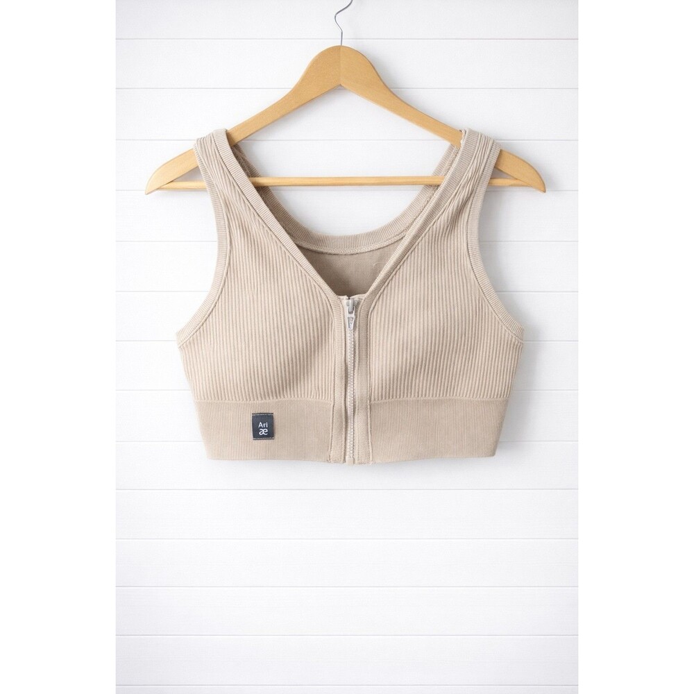 Ari Beige Zip up Removable Padded Sports Bra Small